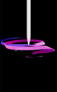 Apple Pencil Pro, front exterior, portrait orientation, side profile, white color, drawing abstract purple and pink ribbons design