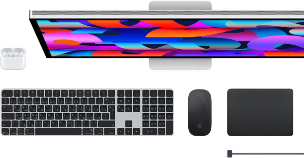 اكسسوارات Mac: سماعات&nbsp;AirPods، وشاشة&nbsp;Studio&nbsp;Display، ولوحة مفاتيح ماجيك، وماجيك ماوس، ولوحة تعقب ماجيك، وكابل شحن MagSafe‏