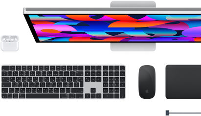 اكسسوارات Mac: سماعات&nbsp;AirPods، وشاشة&nbsp;Studio&nbsp;Display، ولوحة مفاتيح ماجيك، وماجيك ماوس، ولوحة تعقب ماجيك، وكابل شحن MagSafe‏‏