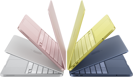 أجهزة لابتوب MacBook Neo بلون فضي ووردي هادئ وأصفر سيتروس ونيلي، كلها مفتوحة جزئياً ومرتبة على شكل قوس