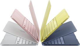 أجهزة لابتوب MacBook Neo بلون فضي ووردي هادئ وأصفر سيتروس ونيلي، كلها مفتوحة جزئياً ومرتبة على شكل قوس