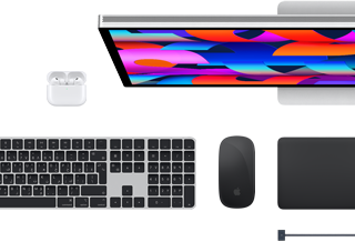 اكسسوارات Mac: سماعات AirPods، شاشة Studio Display، لوحة مفاتيح ماجيك، ماجيك ماوس، لوحة تعقب ماجيك، كابل شحن MagSafe