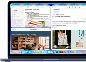 MacBook Neo, indigo color, screen shows composing a welcome email to new employee of bookstore, other tiled windows contain Notes doc about onboarding and bookstore's employee portal website in Safari